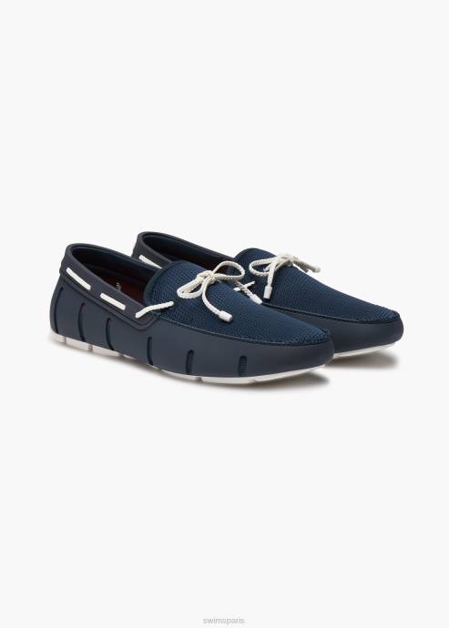 chaussure 64RP59 bleu marine/blanc mocassin en dentelle tressée SWIMS